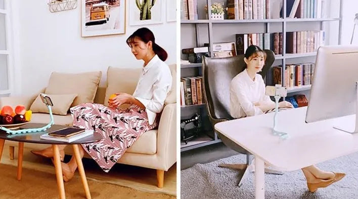 Flexible mobile phone holder with suction cup on desktop showing 360-degree rotation