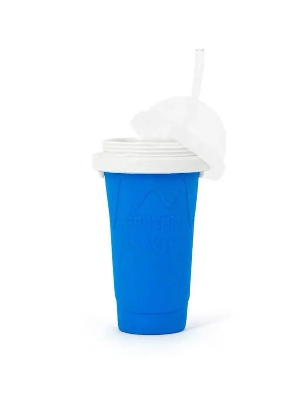 Blue double wall silicone cold shake cup with cylindrical shape and pinch activation for instant beverage cooling