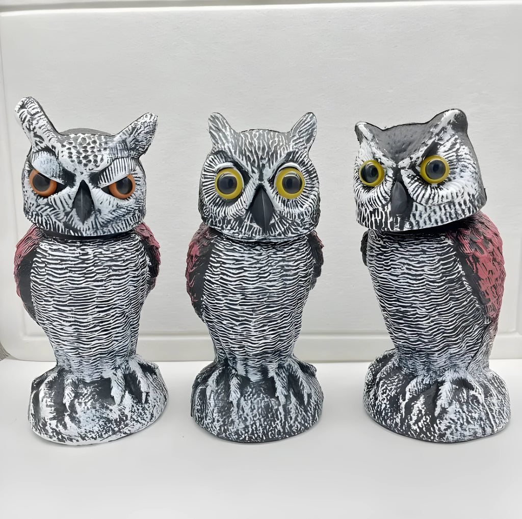 Artificial owl scarecrow bird deterrent ornament made from PE material with realistic casting details
