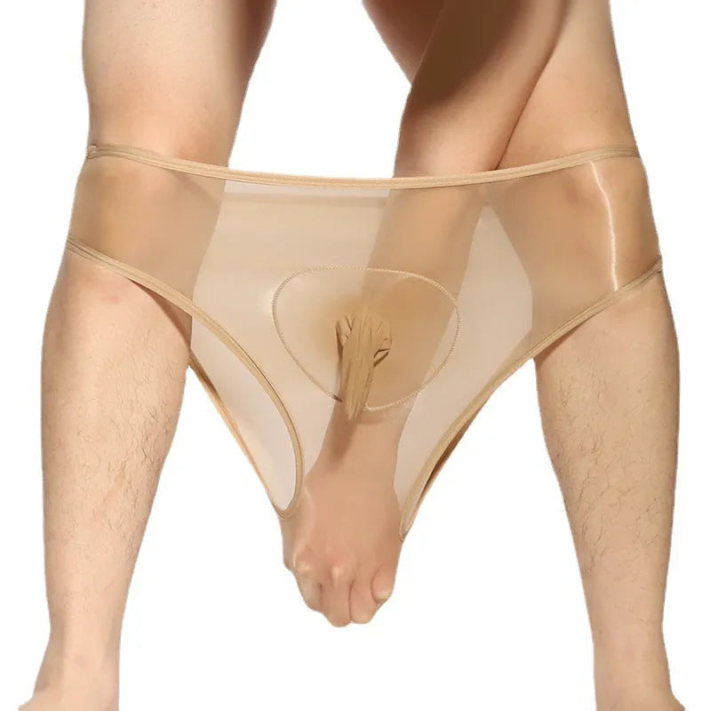 Men's ultra-thin silky nylon briefs with a bullet separation design, shown in a solid colour.
