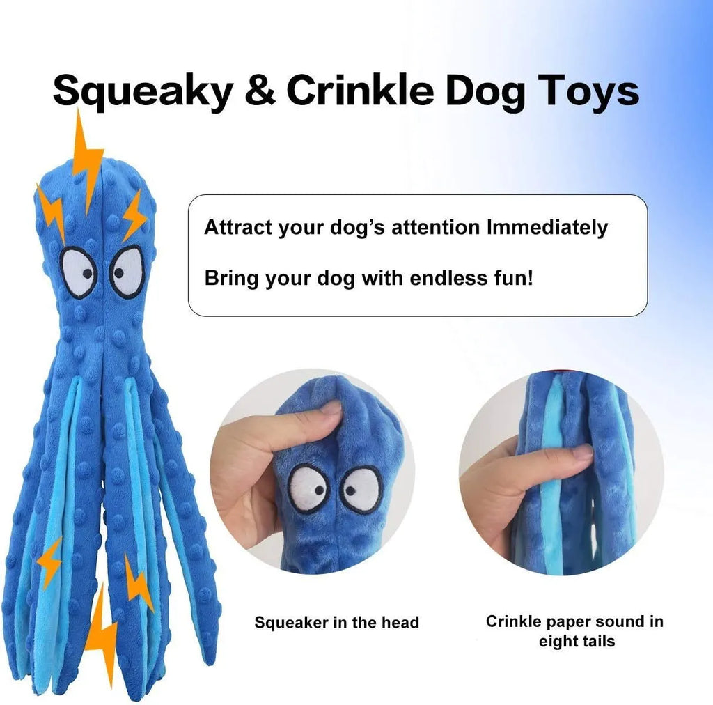 Blue octopus plush dog toy with tentacles, 32cm long no-stuffing chew toy with squeaker and crinkle sounds