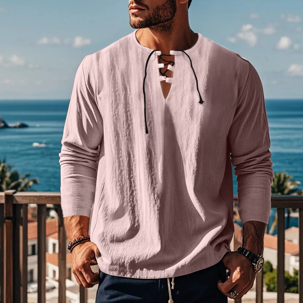 Cotton linen blend beach ruff shirt in loose pullover style available in multiple solid colours
