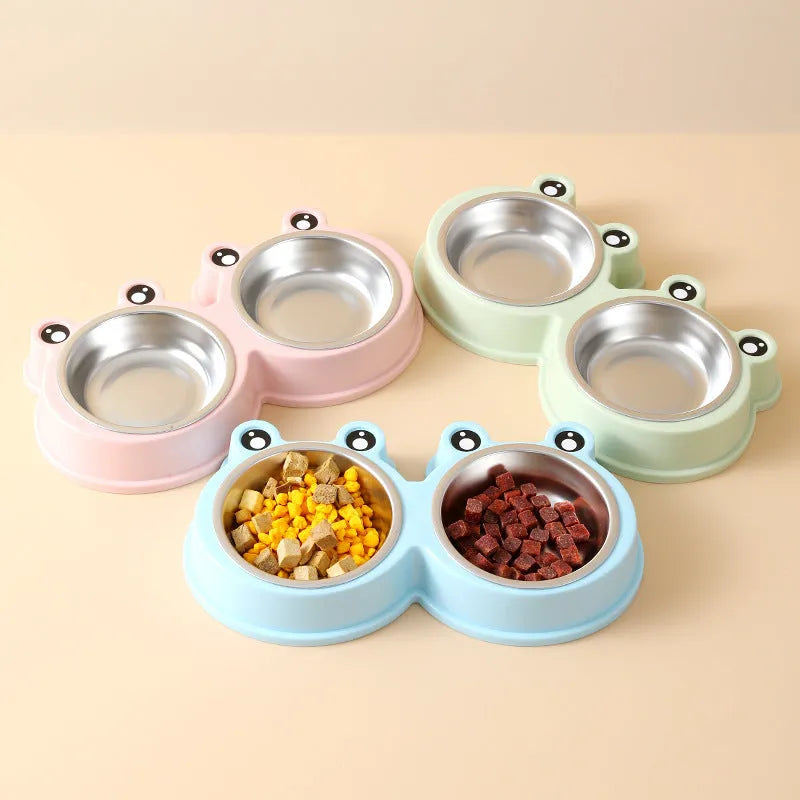 Stainless steel double compartment pet bowl set for cats and dogs in blue colour