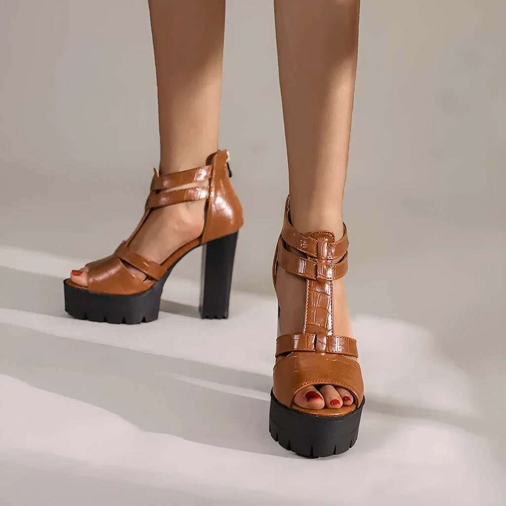 Platform high-heel sandals with round toe and back zipper closure in yellow, black or wine red