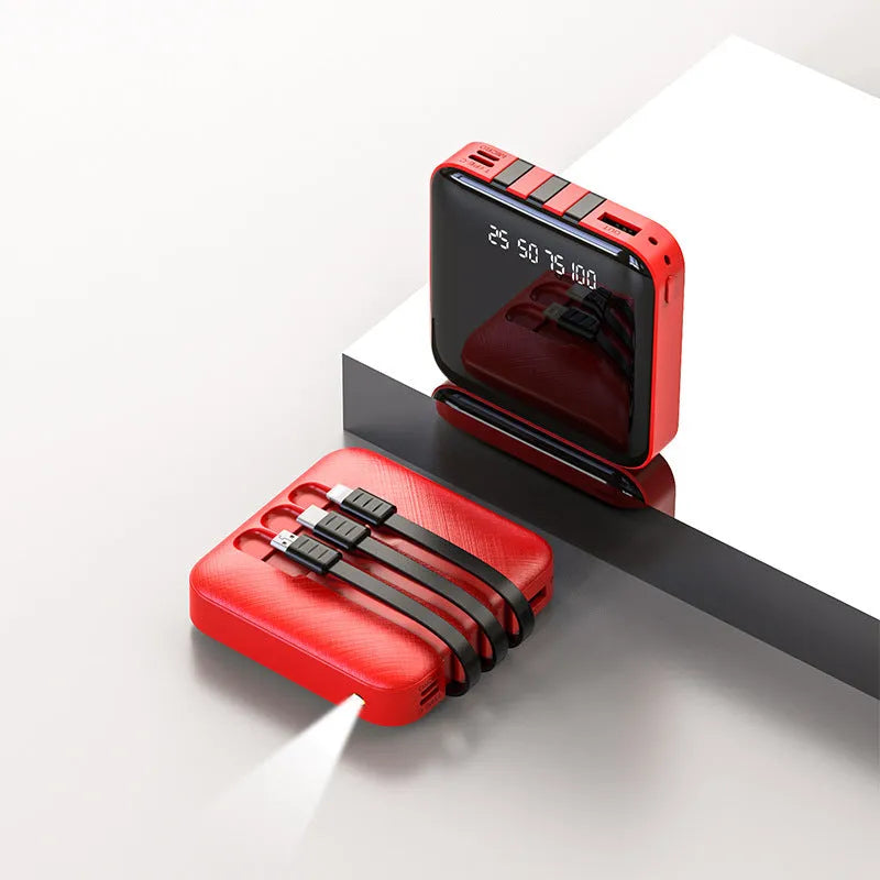 Black or red square mirror-finish power bank with integrated charging cable, 20000mAh capacity.