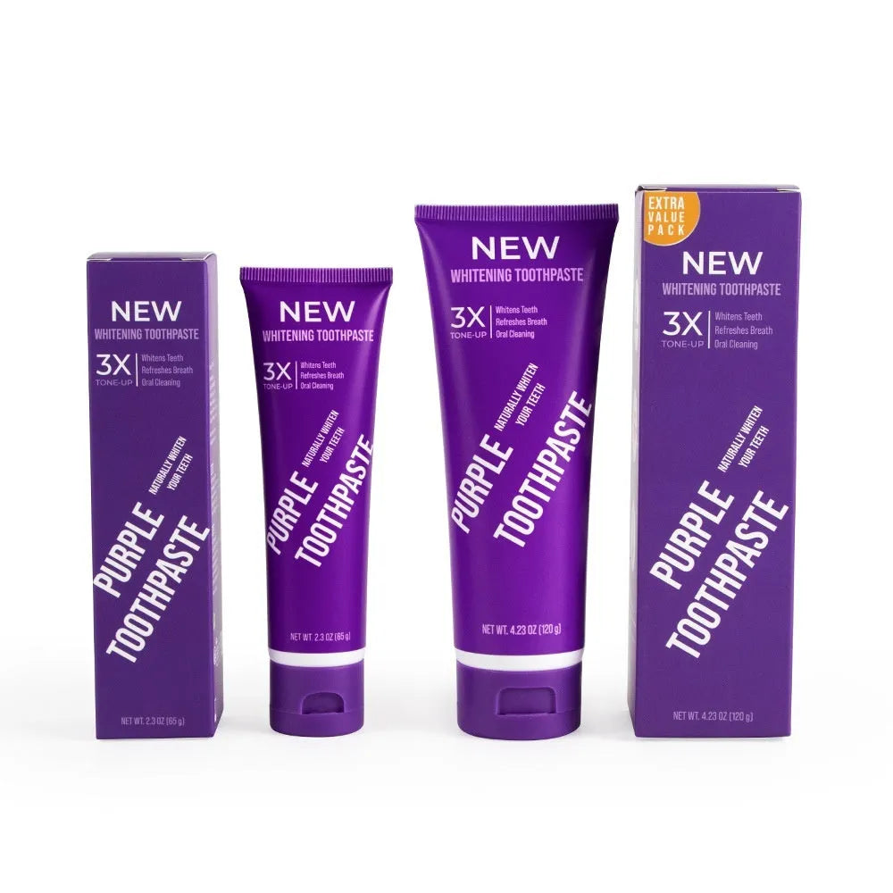 Purple whitening toothpaste tube for adults in 120g and 65g sizes to remove yellow stains