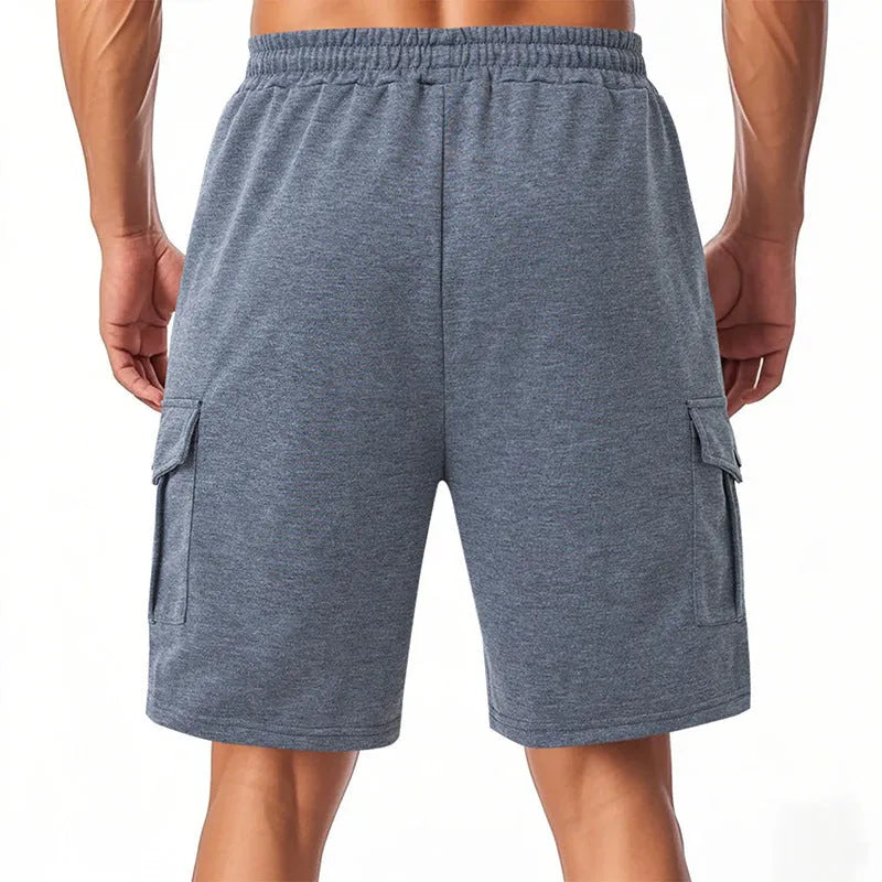 Men's loose sports cargo shorts in black with multi-pocket design and towel fabric texture for summer wear