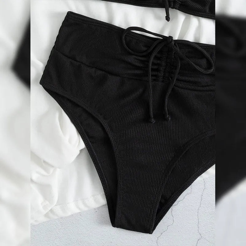 Black high waist bikini swimsuit with sling split design for women