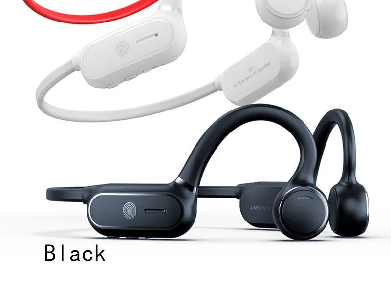 Black air conduction Bluetooth wireless earphone with a titanium alloy ear-hook frame on a white background.