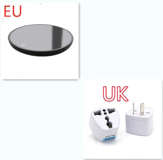 Black coffee mug warmer with dual temperature buttons and 12 cm heating plate