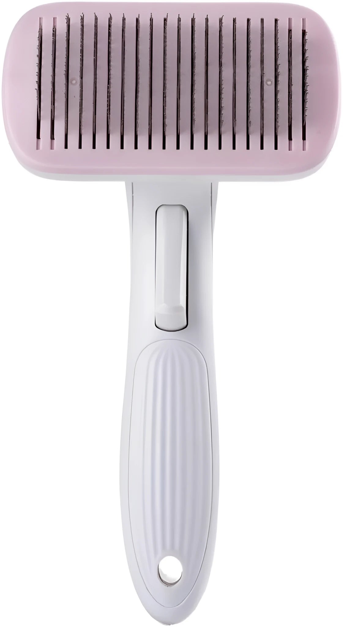 Automatic pet hair removal comb in blue, measuring 10.7cm by 19.5cm.