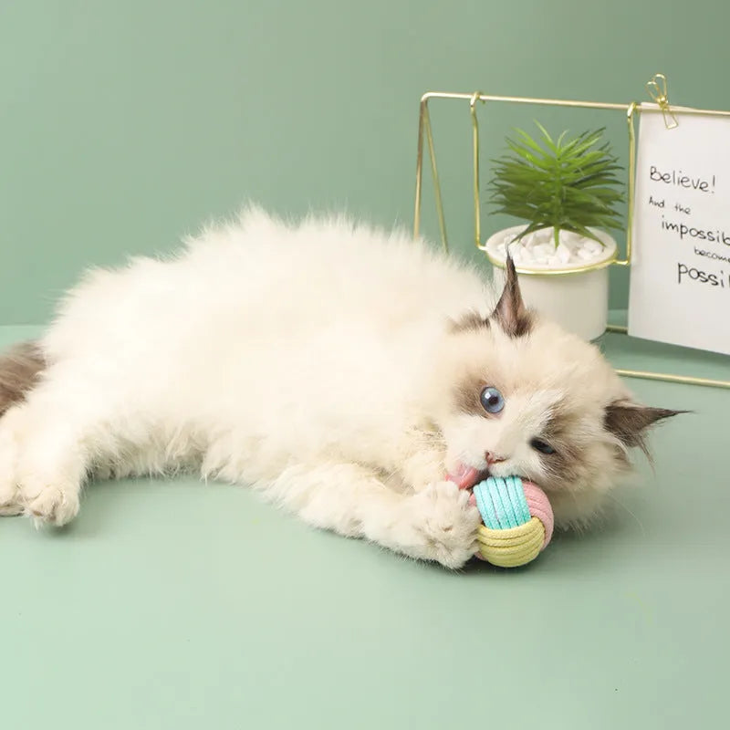 Handmade 5cm cat plush ball toy with hair and cotton textures in blue powder colour