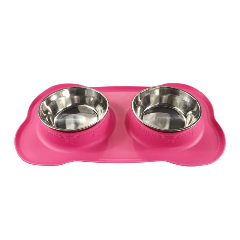 Large double compartment silicone dog bowl with stainless steel base in blue colour