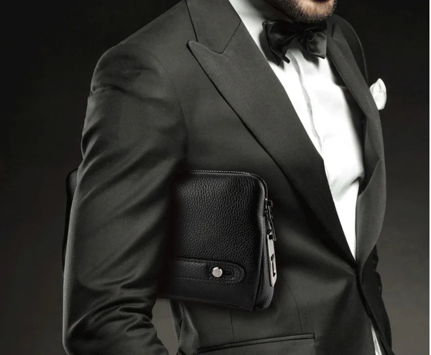 Black first layer cowhide men's fingerprint clutch wallet with zip opening and Type-C charging