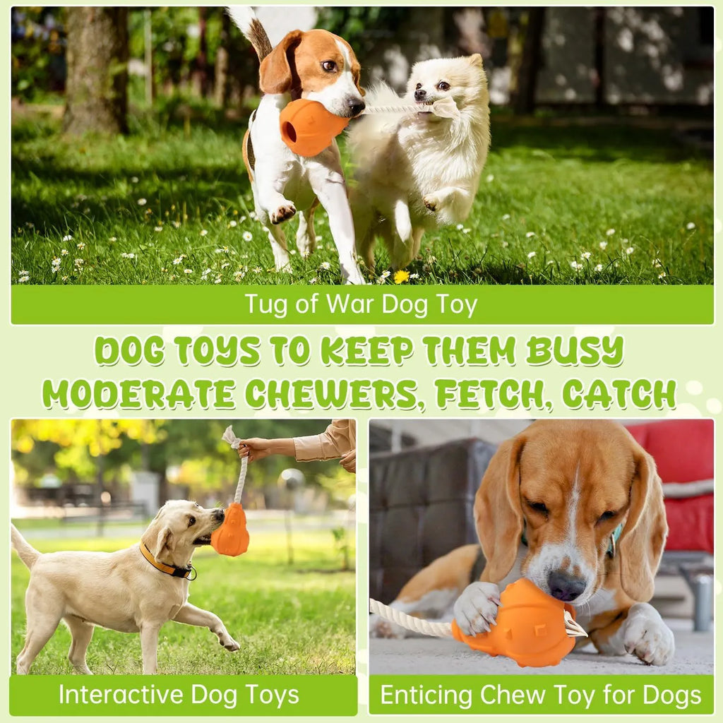 Natural rubber stuffable dog toy with a long strap for fetch, shown with treats inside the hollow centre.