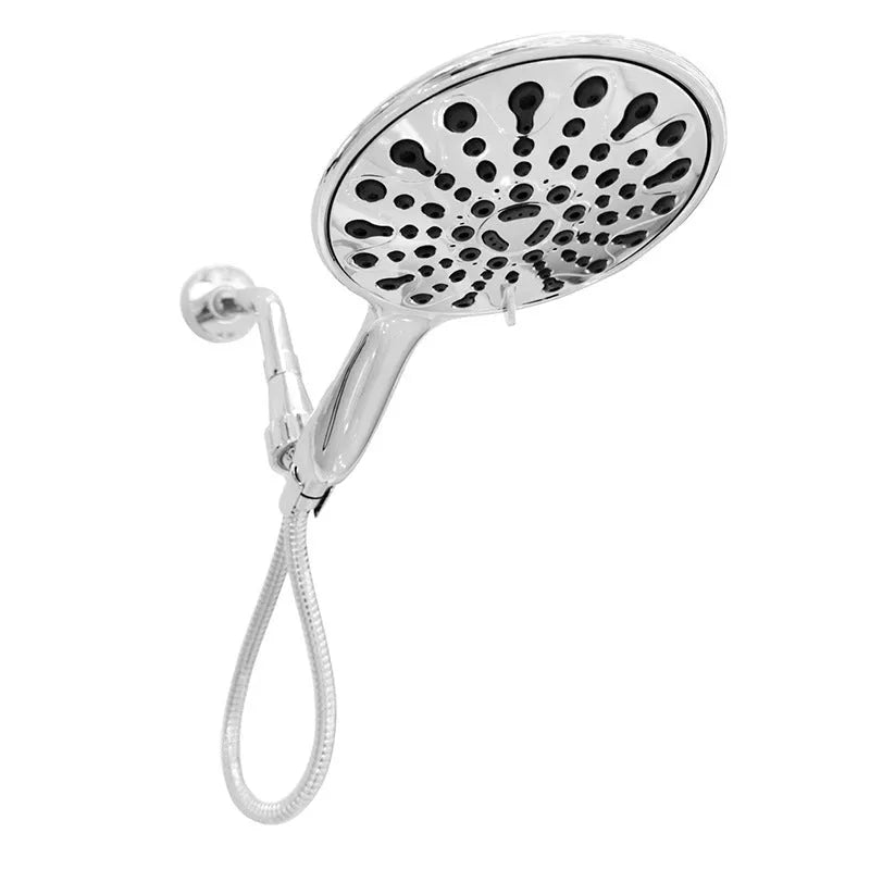 Six-function handheld shower head with electroplated finish measuring 6 inches in diameter