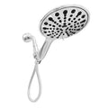 Six-function handheld shower head with electroplated finish measuring 6 inches in diameter