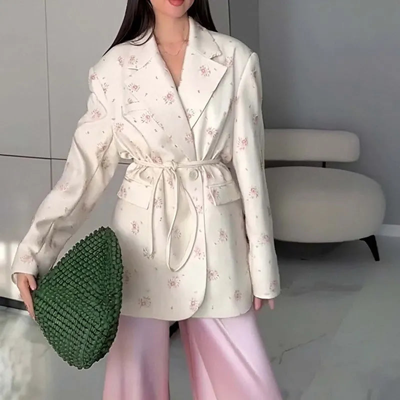 Collar lace-up waist-tight suit jacket with floral print pattern and adjustable waist