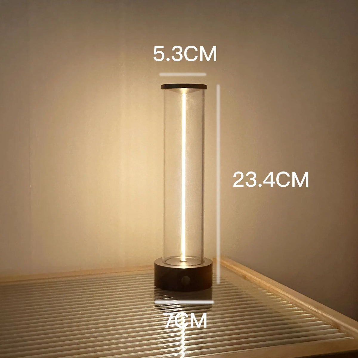 Slim clear glass LED light strip with magnetic base and USB charging cable
