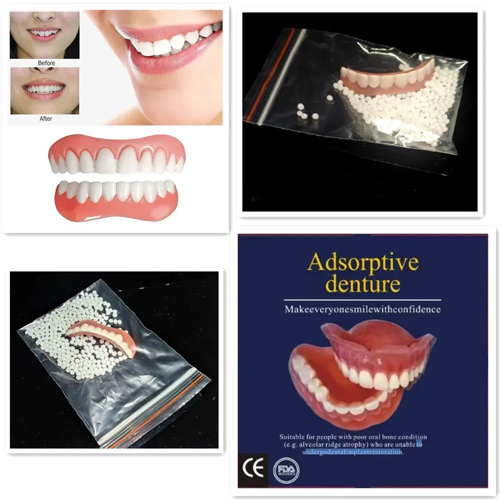 Silicone simulation dentures showing upper and lower teeth configuration in colour-coded box