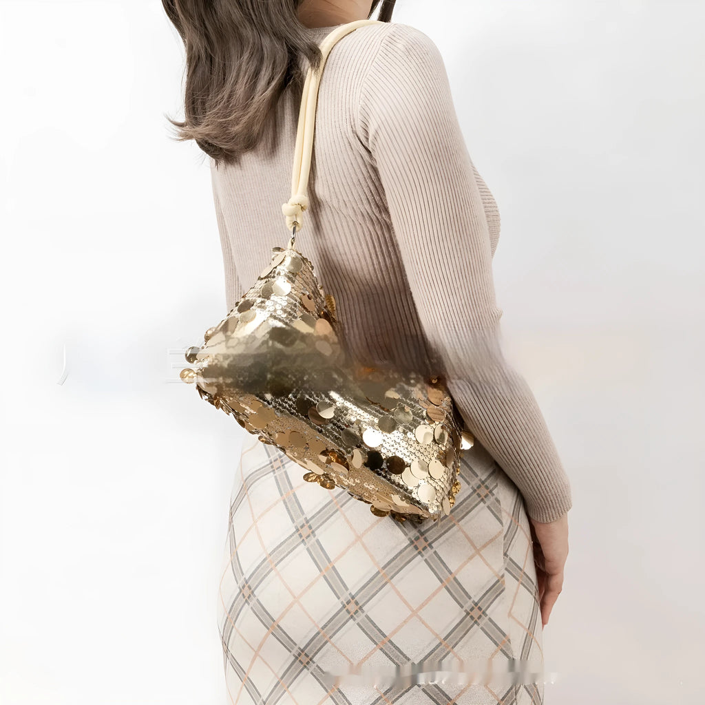 Women's soft polyester underarm crossbody bag in black, gold, or silver colour measuring 25x11x15cm