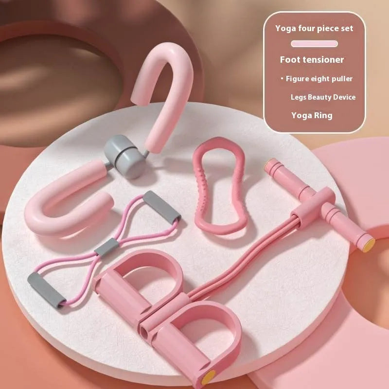 Four-piece yoga fitness set with leg stretcher, yoga ring, pedal puller, and figure-eight tension rope.