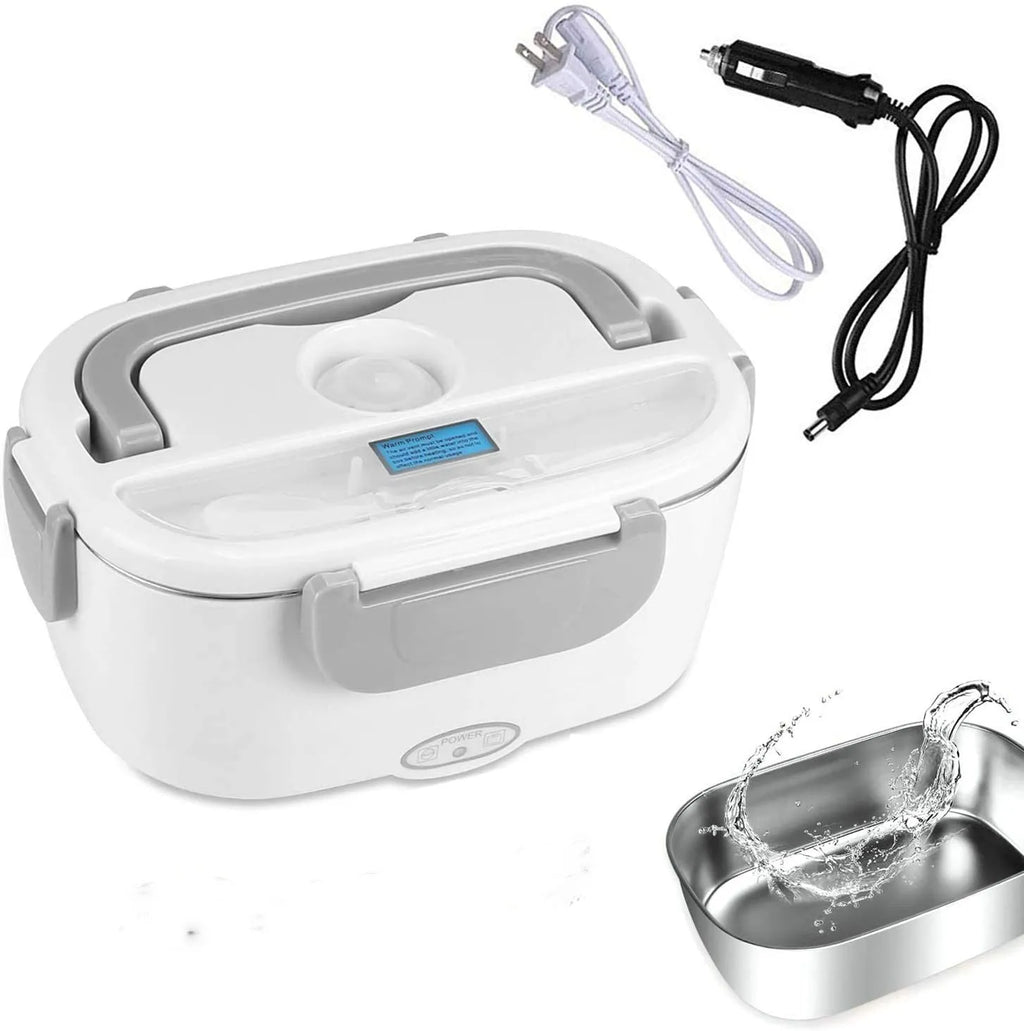 Grey electric lunch box with dual power for car and home use showing plastic body with stainless steel interior