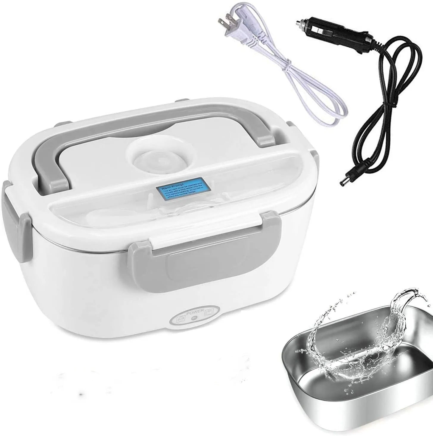 Grey electric lunch box with dual power for car and home use showing plastic body with stainless steel interior