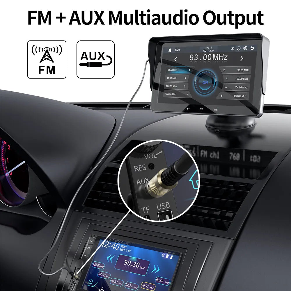 7 inch wireless CarPlay display with cigarette lighter interface and suction cup mount for universal car use