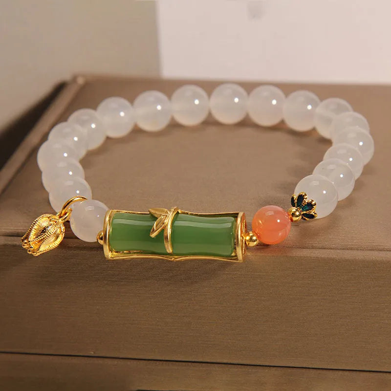 White agate and jasper beaded bracelet with jade bamboo joint centerpiece in New Chinese retro style for women