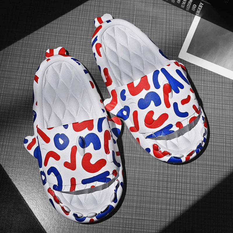Shark design open-toe home slippers in EVA material on a white background.