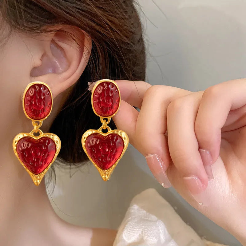 Silver needle pleated oval love heart stud earrings in purple, red, green, and yellow white colours with stainless steel posts.