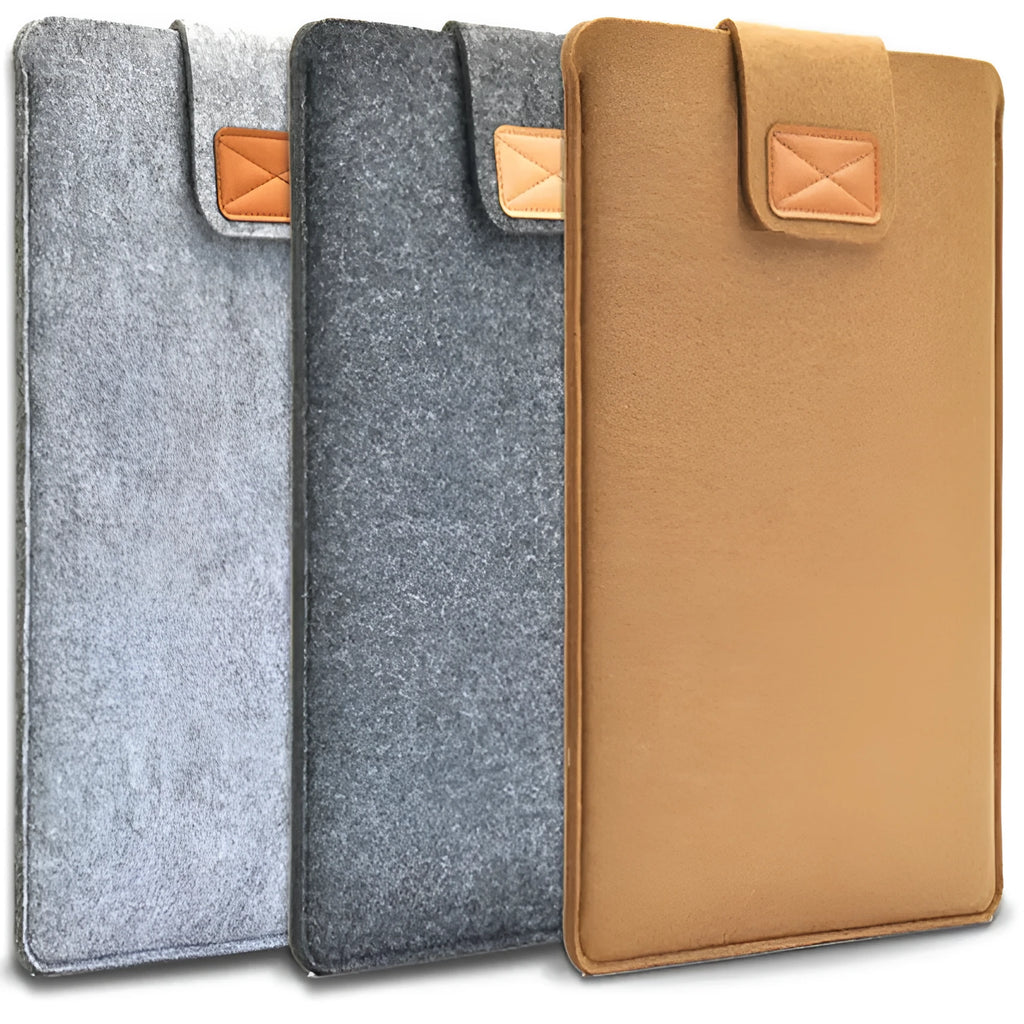 Dark grey felt clamshell laptop bag open to show internal compartment for a tablet