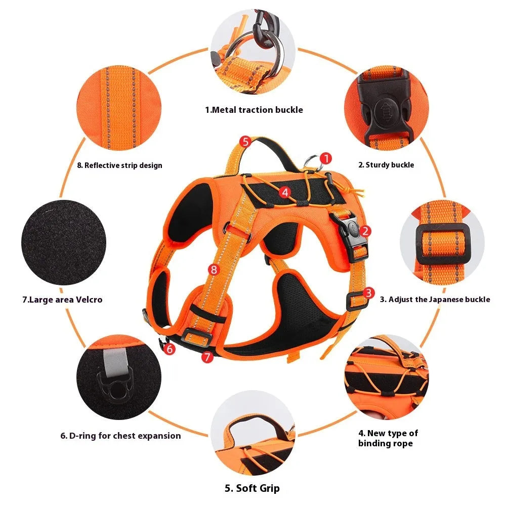 Orange reflective dog vest harness with an attached black hand-holding rope lead on a medium-sized dog.