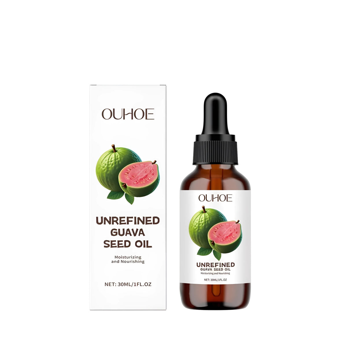 30ml bottle of guava seed oil skincare product with dropper, containing glycerin and vitamins C and E.