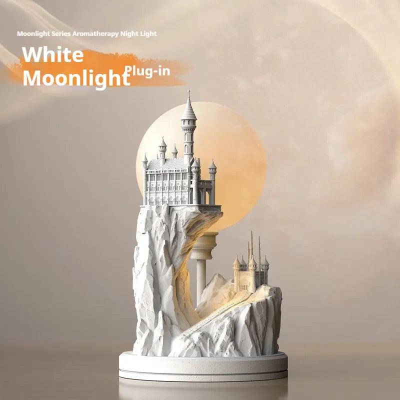 White composite gypsum table lamp with plug and wire switch on a table.
