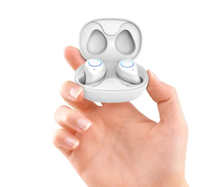 M18 true wireless in-ear stereo headset in black or white colour with compact packaging.