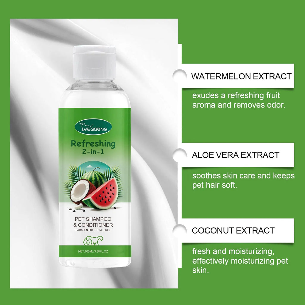 100ml bottle of pet 2-in-1 shampoo and shower gel with watermelon and coconut extracts.