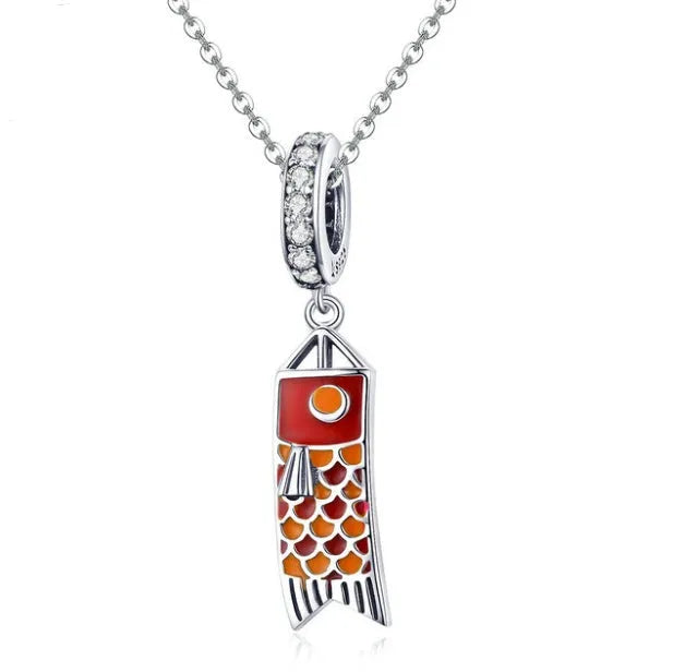 S925 sterling silver carp streamer pendant necklace with oxidised finish and zircon detailing