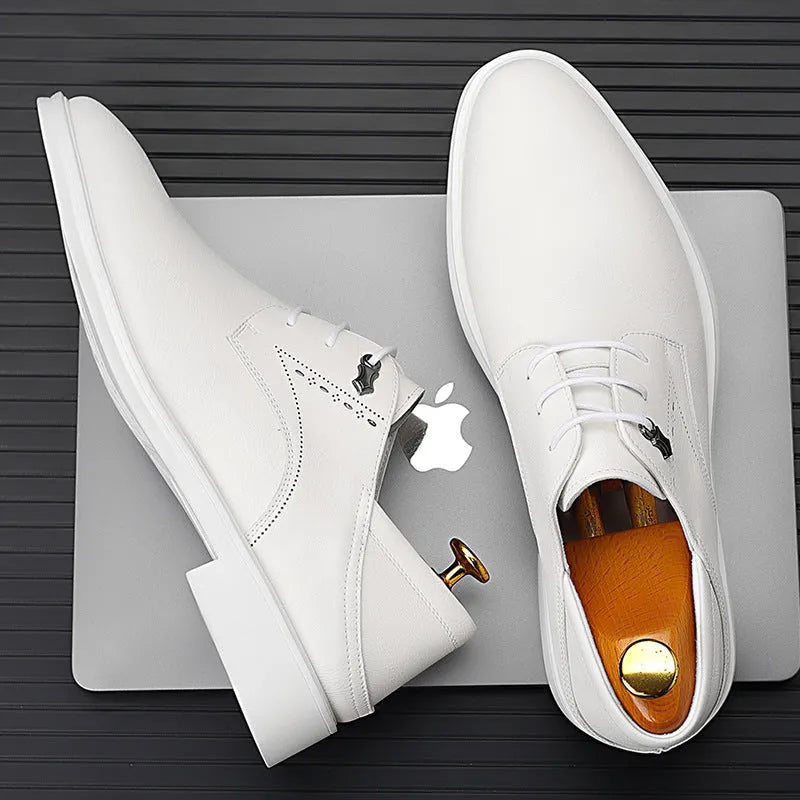 Men's pointed toe dress shoes in black or white with cow split leather upper, rubber sole, and low 1-3cm heel, sizes 38-44
