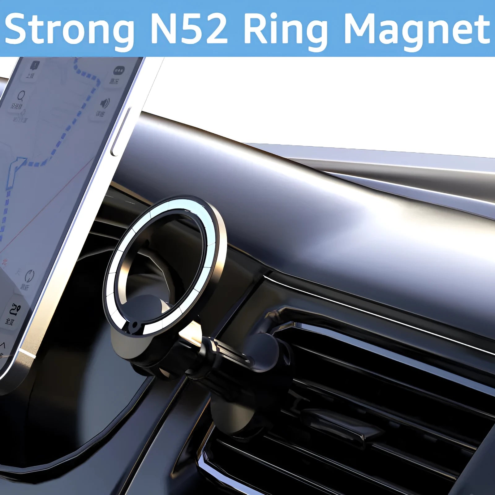 Black magnetic suction car air vent phone holder mounted on a vehicle vent.