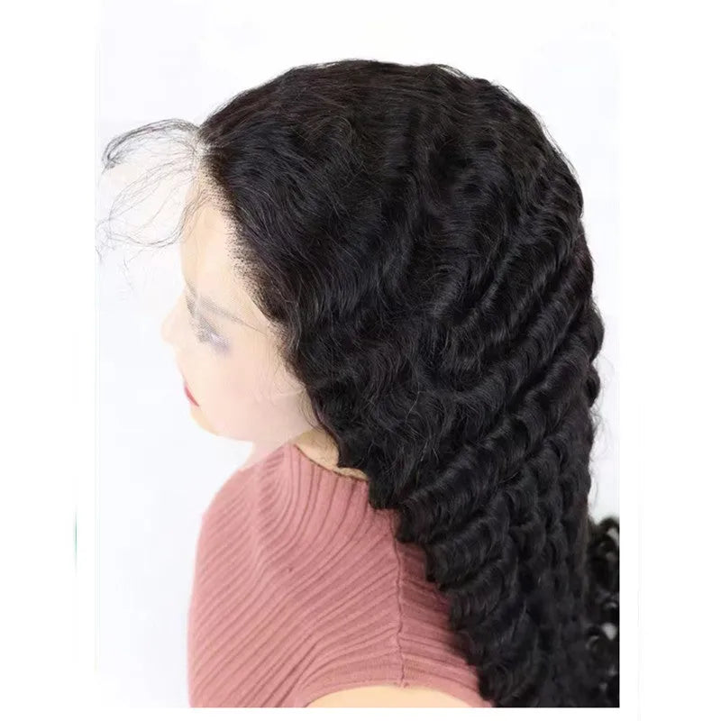 Solid colour human hair half lace wig displayed on a stand, showing its length and hand-woven construction.