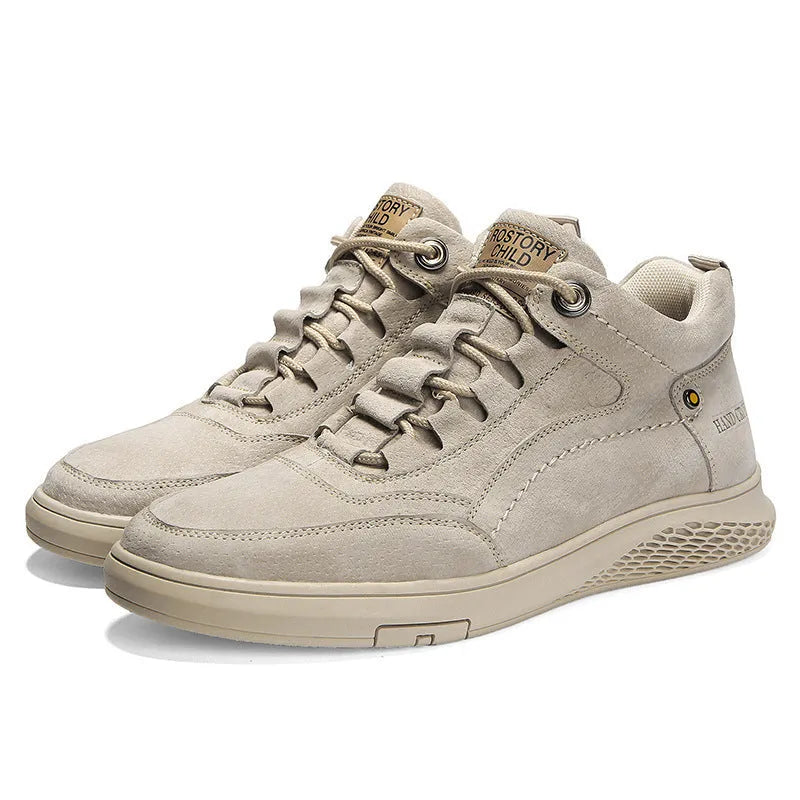 Men's spring leather sneaker in brown or sand with cowhide upper, high-top front tie, rubber sole, and low 1-3cm heel