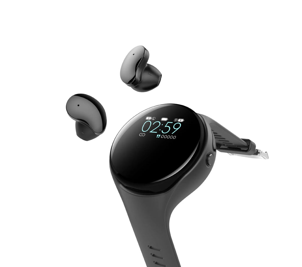 Black smart fitness bracelet with detachable Bluetooth earbuds for heart rate and step tracking