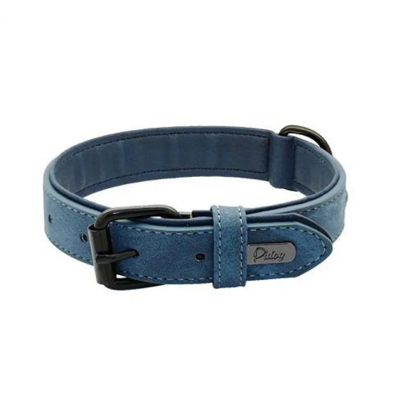 Adjustable anti-loss dog collar showing PU front and microfiber back in available colour options