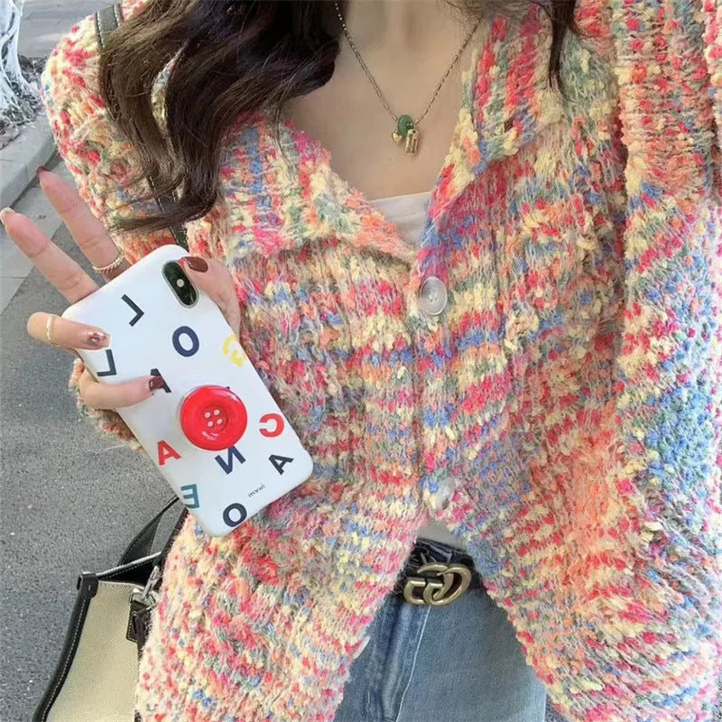 Pink or green retro rainbow pattern slim fit knitted cardigan sweater with regular sleeves
