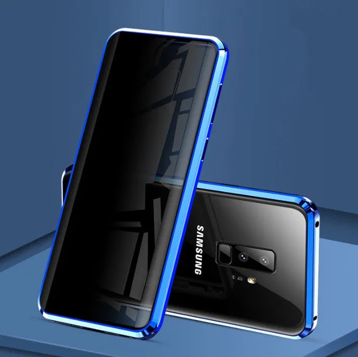 Magnetic privacy phone case for Samsung Galaxy with double-sided glass construction in black colour