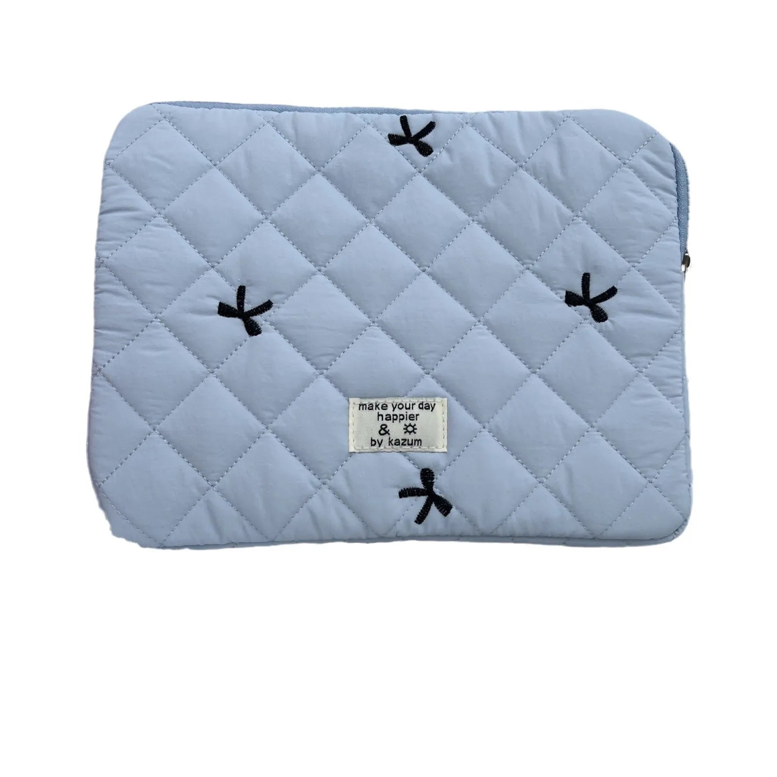 Nylon laptop storage bag with a rhombus-shaped embroidered bow on the front.