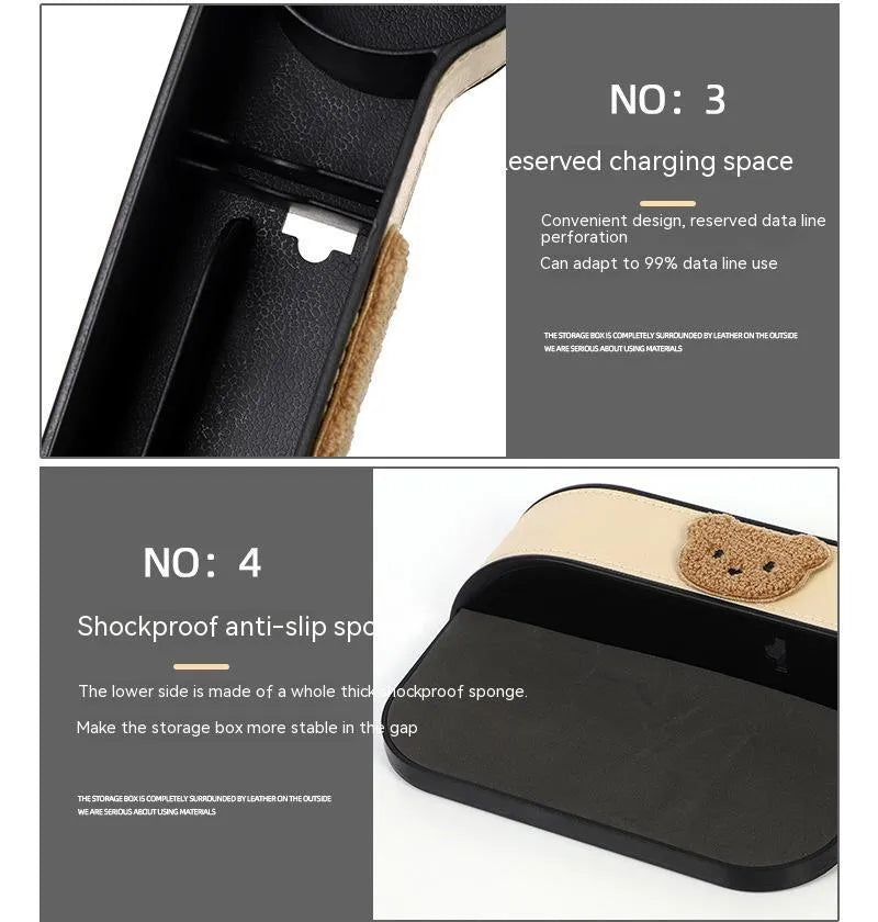 Cartoon bear car seat gap storage box in PU leather with hanging design for vehicle organisation