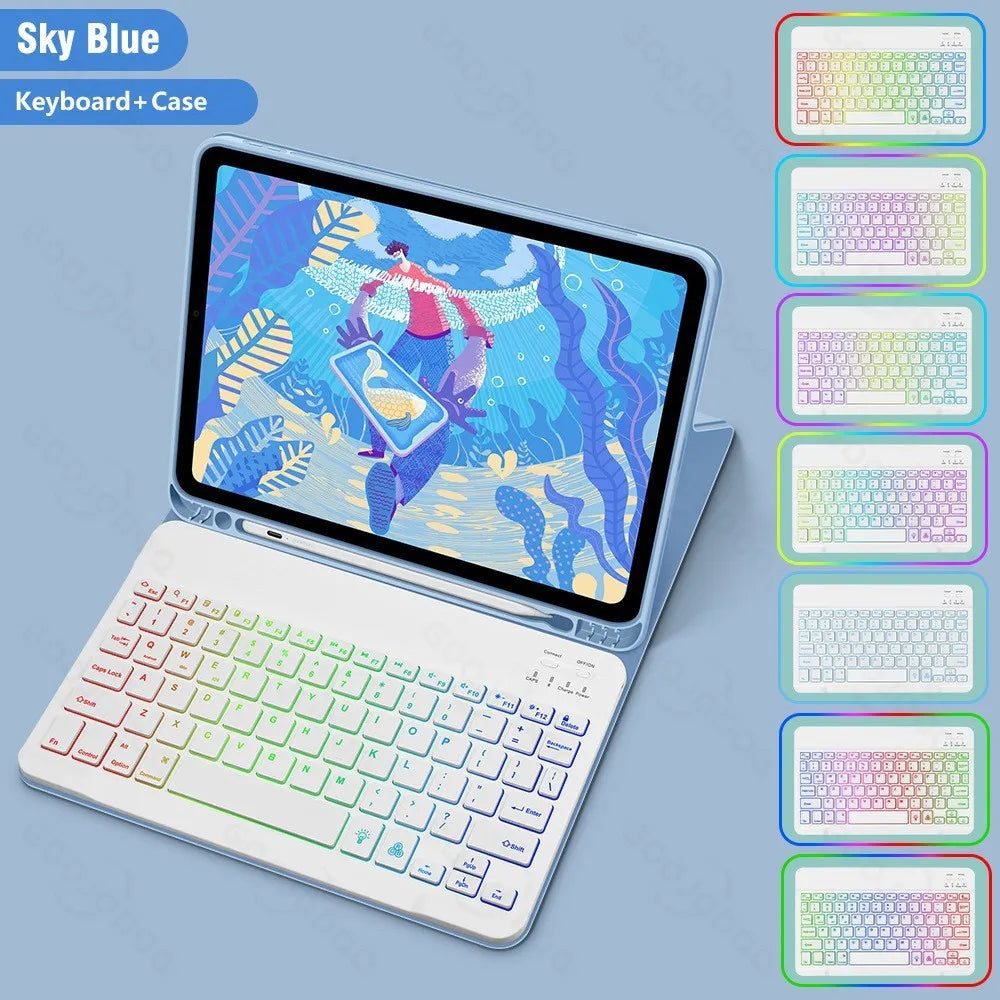 Luminous RGB Bluetooth keyboard iPad case in black leather sheath with shockproof TPU protection and stand feature